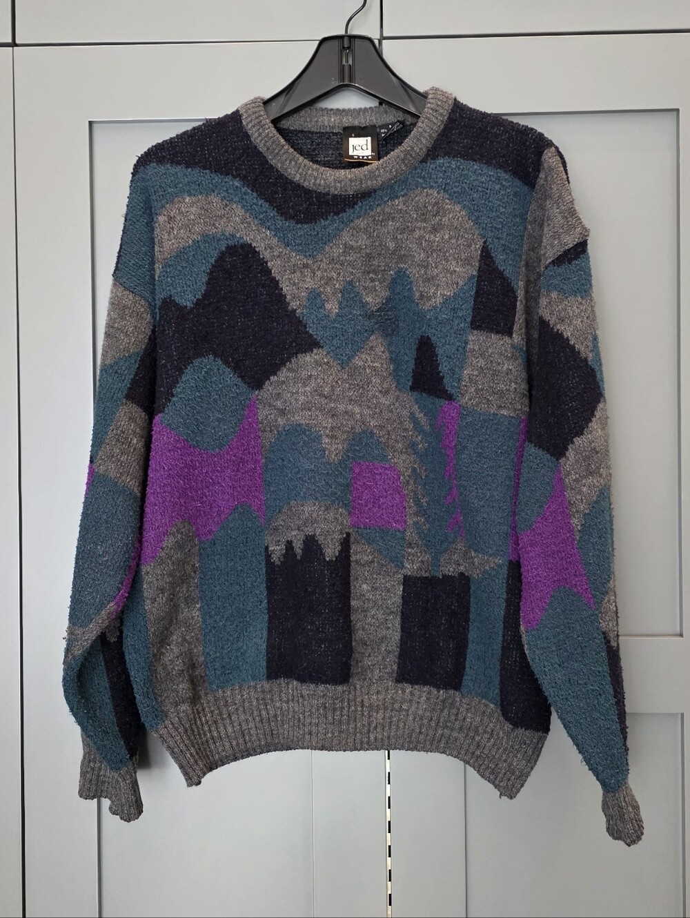 Vintage Jed Gray Abstract Pattern Chunky Knit Pullover Sweater Mens M Retro 80s